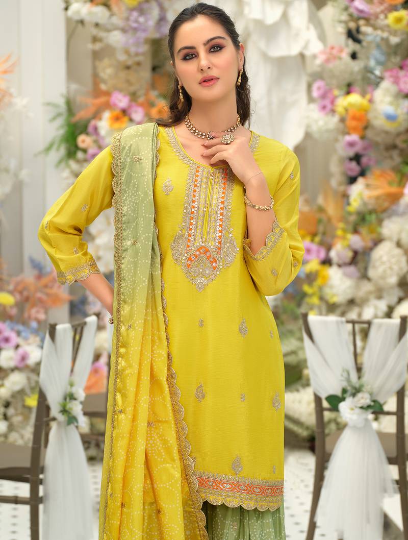 Yellow silk blend embroidered kurta trouser dupatta set