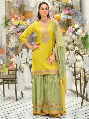 Yellow silk blend embroidered kurta trouser dupatta set 2