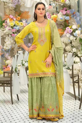 Yellow silk blend embroidered kurta trouser dupatta set