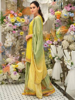Yellow silk blend embroidered kurta trouser dupatta set 3