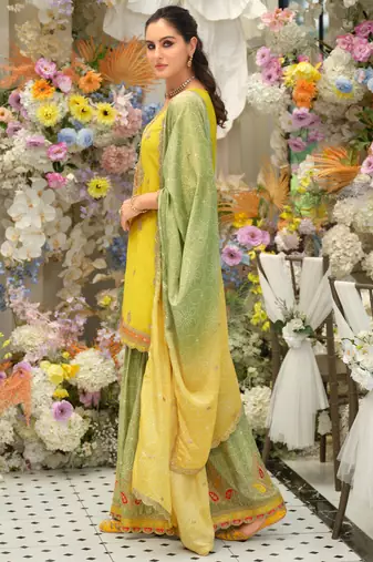Yellow silk blend embroidered kurta trouser dupatta set