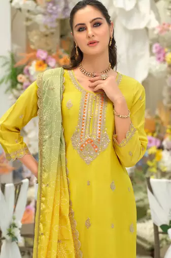Yellow silk blend embroidered kurta trouser dupatta set
