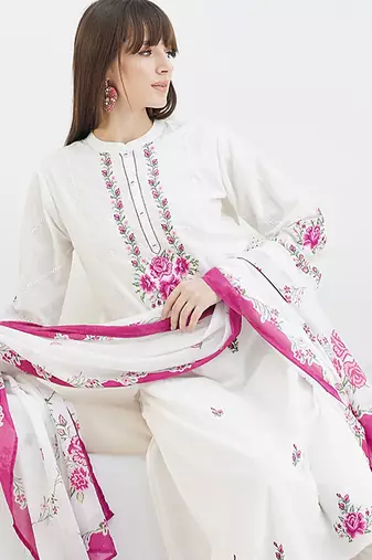 White pure cotton embroidered kurta trouser dupatta set