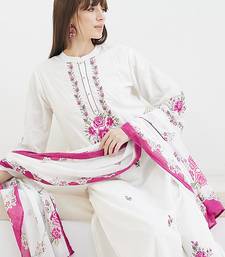 White pure cotton embroidered kurta trouser dupatta set