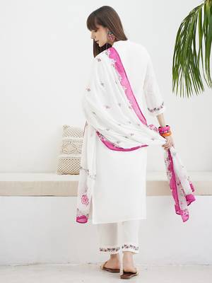White pure cotton embroidered kurta trouser dupatta set 3