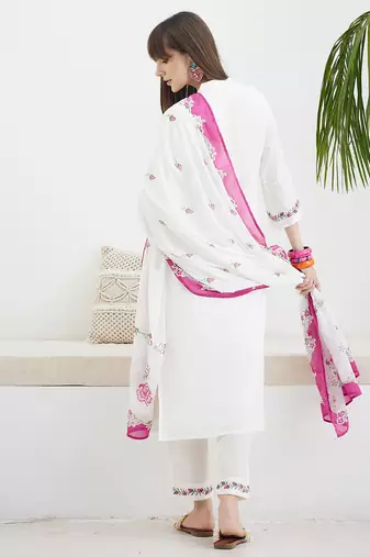 White pure cotton embroidered kurta trouser dupatta set