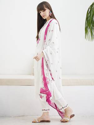 White pure cotton embroidered kurta trouser dupatta set 4