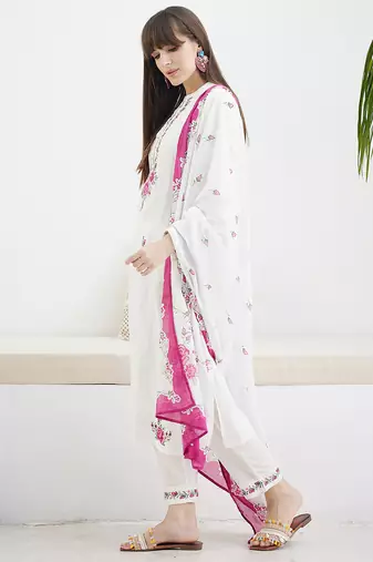 White pure cotton embroidered kurta trouser dupatta set