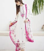 White pure cotton embroidered kurta trouser dupatta set