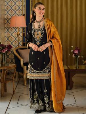 Black silk blend embroidered kurta trouser dupatta set 1