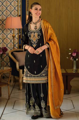 Black silk blend embroidered kurta trouser dupatta set