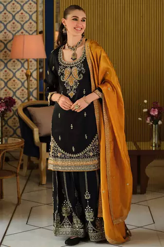 Black silk blend embroidered kurta trouser dupatta set