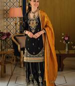 Black silk blend embroidered kurta trouser dupatta set