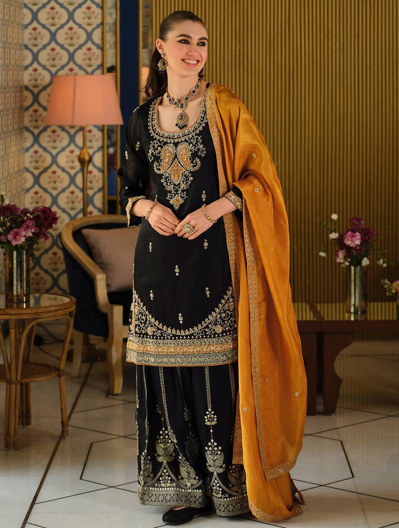 Black silk blend embroidered kurta trouser dupatta set