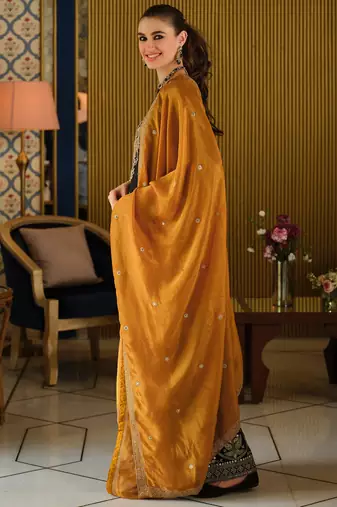 Black silk blend embroidered kurta trouser dupatta set