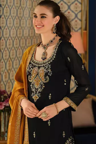 Black silk blend embroidered kurta trouser dupatta set