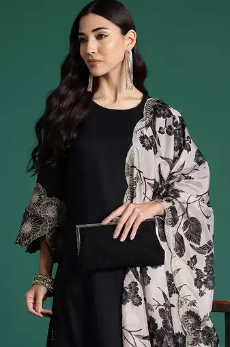 Black viscose rayon printed kurta trouser dupatta set