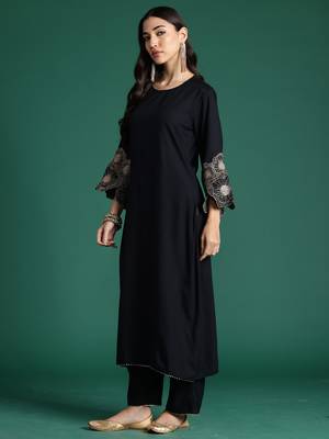 Black viscose rayon printed kurta trouser dupatta set 3