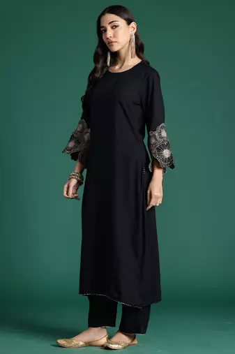 Black viscose rayon printed kurta trouser dupatta set
