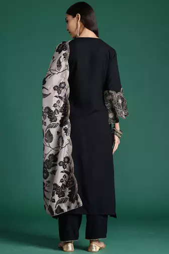 Black viscose rayon printed kurta trouser dupatta set