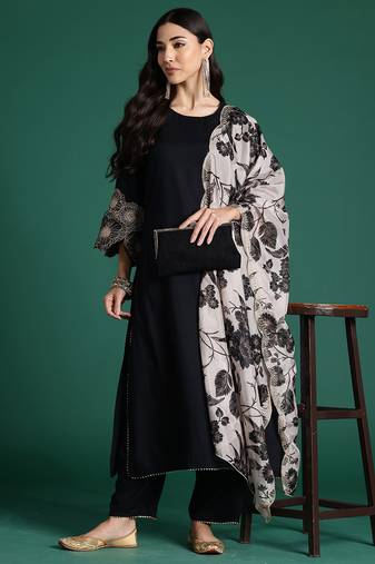 Black viscose rayon printed kurta trouser dupatta set