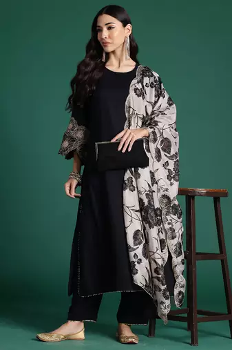 Black viscose rayon printed kurta trouser dupatta set