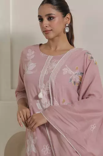 Pink pure cotton embroidered kurta trouser dupatta set
