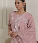 Pink pure cotton embroidered kurta trouser dupatta set