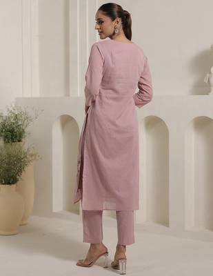 Pink pure cotton embroidered kurta trouser dupatta set 2