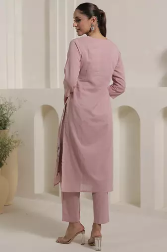 Pink pure cotton embroidered kurta trouser dupatta set