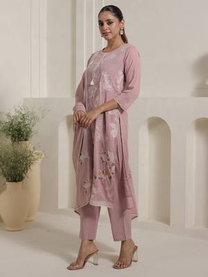 Pink pure cotton embroidered kurta trouser dupatta set 3