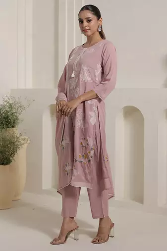 Pink pure cotton embroidered kurta trouser dupatta set