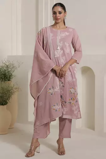 Pink pure cotton embroidered kurta trouser dupatta set