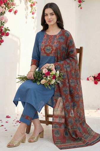 Blue pure cotton printed kurta trouser dupatta set