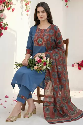 Blue pure cotton printed kurta trouser dupatta set