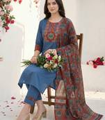 Blue pure cotton printed kurta trouser dupatta set