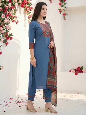 Blue pure cotton printed kurta trouser dupatta set 3