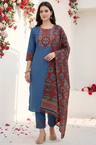 Blue pure cotton printed kurta trouser dupatta set