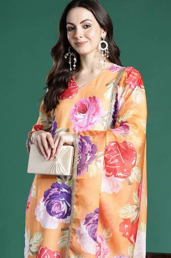 Orange pure cotton printed kurta trouser dupatta set