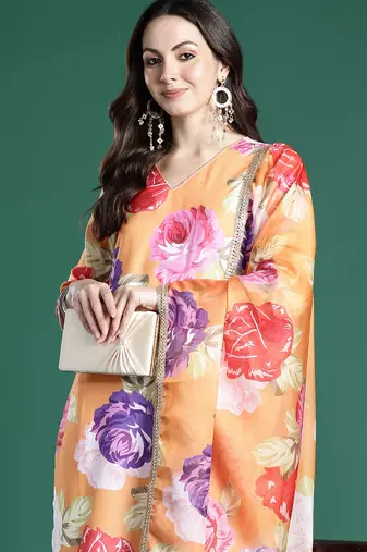 Orange pure cotton printed kurta trouser dupatta set