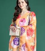 Orange pure cotton printed kurta trouser dupatta set