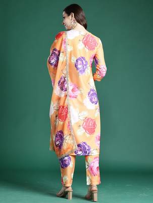 Orange pure cotton printed kurta trouser dupatta set 2