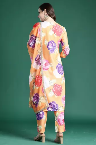 Orange pure cotton printed kurta trouser dupatta set