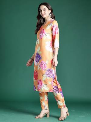 Orange pure cotton printed kurta trouser dupatta set 3