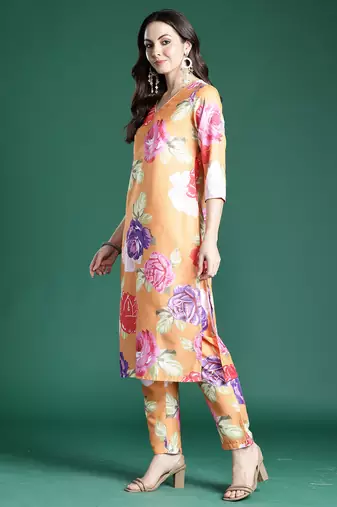 Orange pure cotton printed kurta trouser dupatta set