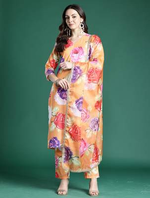 Orange pure cotton printed kurta trouser dupatta set 4