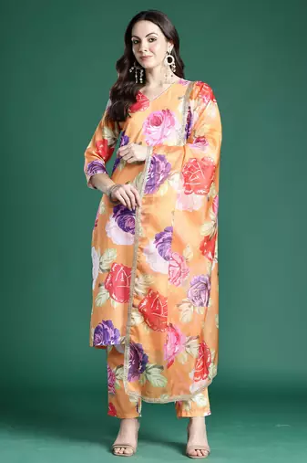 Orange pure cotton printed kurta trouser dupatta set