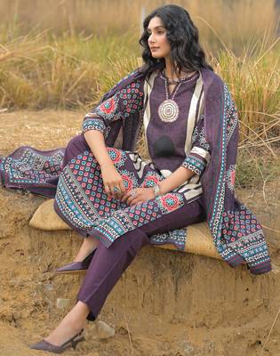 Burgundy pure cotton printed kurta trouser dupatta set 1