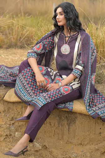 Burgundy pure cotton printed kurta trouser dupatta set