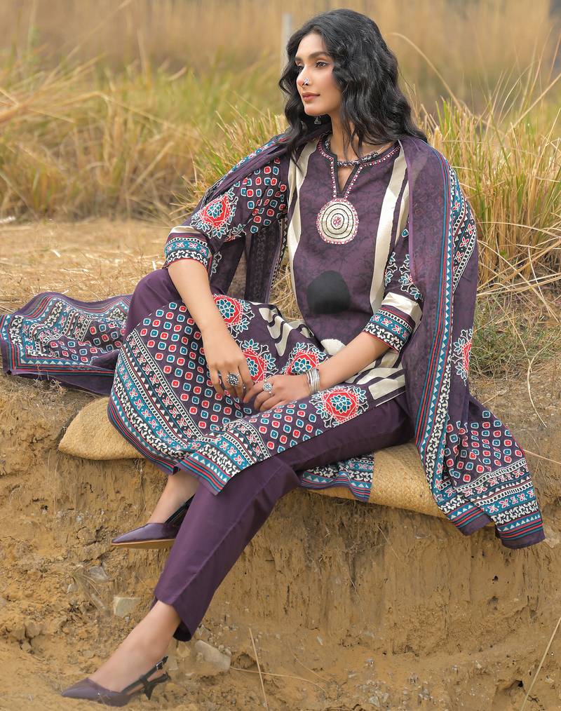 Burgundy pure cotton printed kurta trouser dupatta set